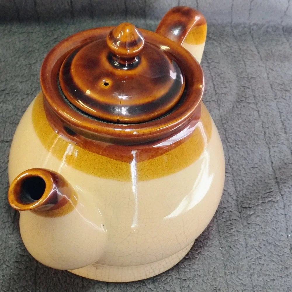 Vintage Tri-Color Glazed Stoneware Ceramic Teapot Brown Tan Rustic Farmhouse‎